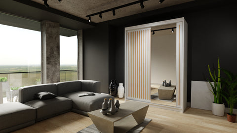 Przykładowa aranżacja nowoczesnej szafy przesuwnej z lamelami oraz lustrem. Nowoczesna szafa do sypialni lub salonu