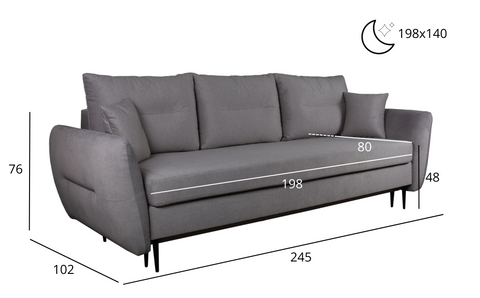 Zdjęcie przedstawiające rozmiar skandynawskiej kanapy z funkcją spania Ingrid.