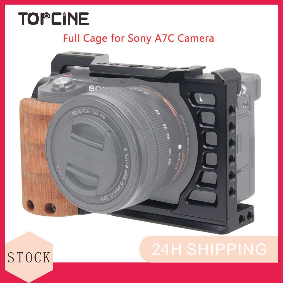 Topcine Camera Cage for Sony A7C, Vlogging Video Rig Stabilizer Accessories with Wooden Handle Grip, Cold Shoe, 1/4" Mounting Points and 3/8" Locating Hole