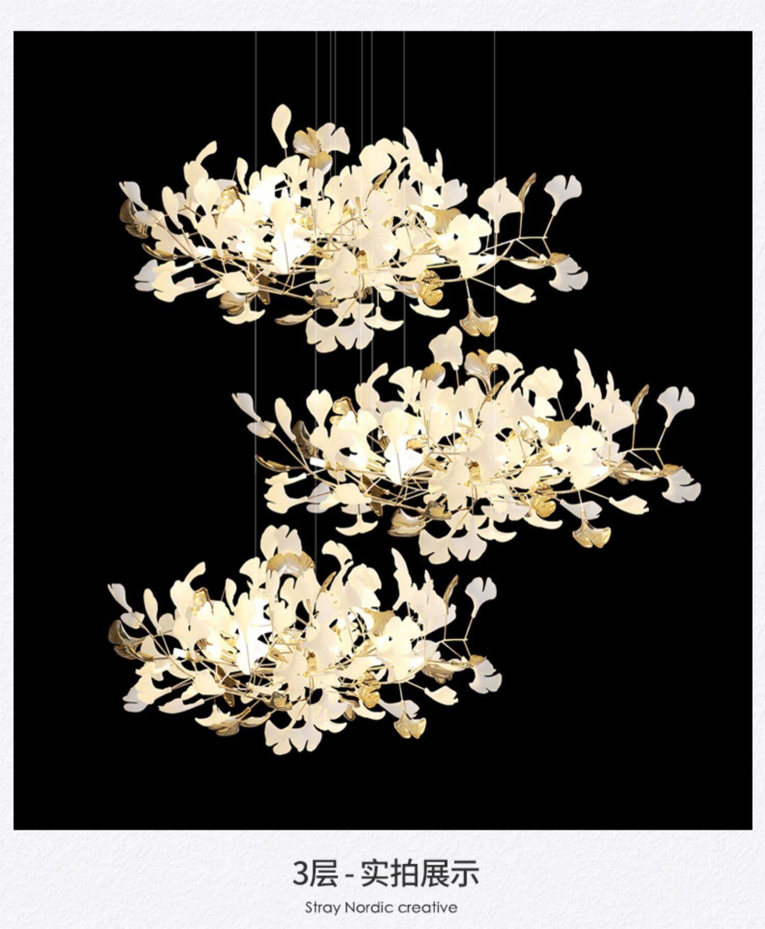 Grand Villa Duplex Designer Art Ginkgo Leaf Chandelier