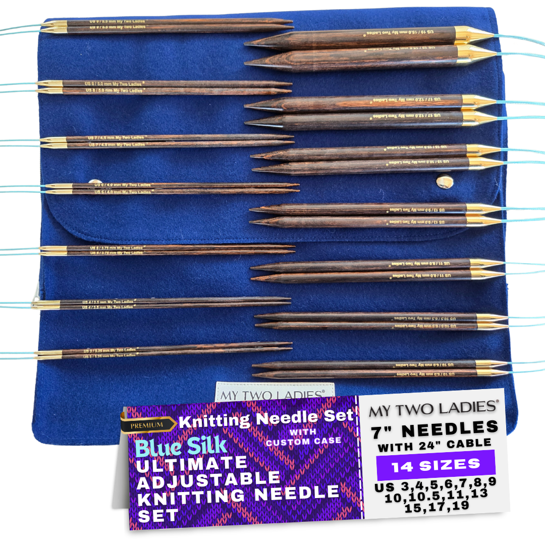Ultimate Blue Silk Adjustable Knitting Needle Set | 14 Sizes | w/custom case