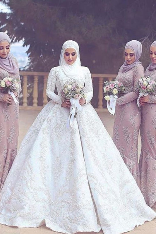 2022 New Arrival Satin Muslim Wedding Dresses High Neck Ball Gown