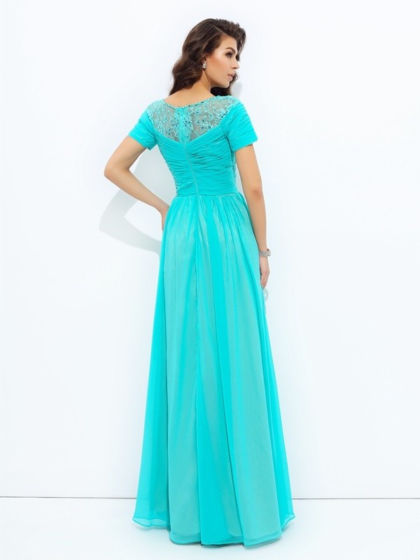 A-line/Princess Bateau Lace Short Sleeves Long Chiffon Dresses DEP0002534