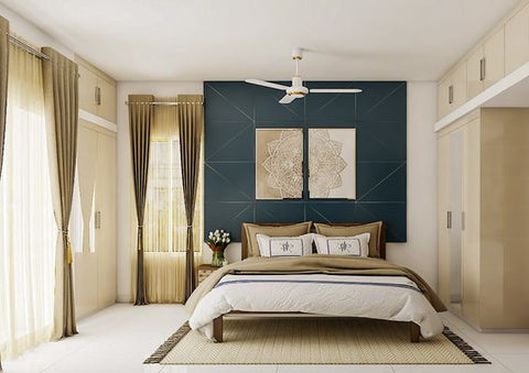 Chic guest bedroom with bold wall art, vibrant colors, and contemporary design.