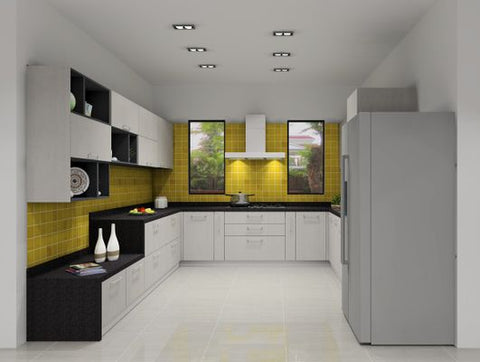 Colorful kitchen decor with vibrant tiles and a mix of open and closed storage.