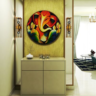 Artistic foyer space with unique sculptures and modern design elements.