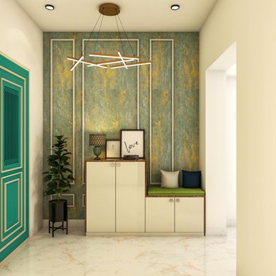 Minimalist foyer design with a simple console table and elegant vase."