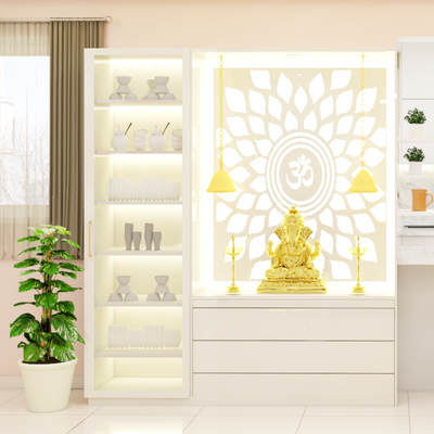 Simple yet elegant Pooja space with wooden shelves and brass bell.