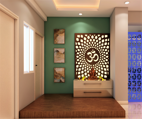 Artistic Pooja area with unique wall designs and serene lighting