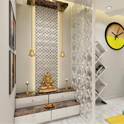 Contemporary Pooja room with sleek shelves and LED lighting.