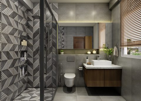 Eco-friendly bathroom with green accents and sustainable materials.
