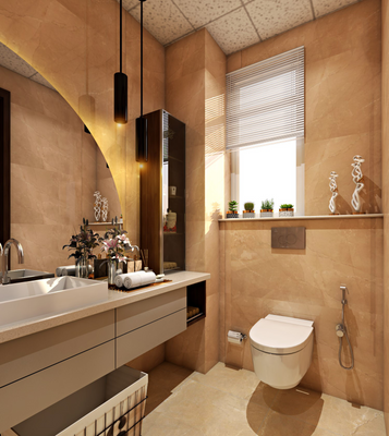 Artistic bathroom design featuring unique fixtures and creative lighting.