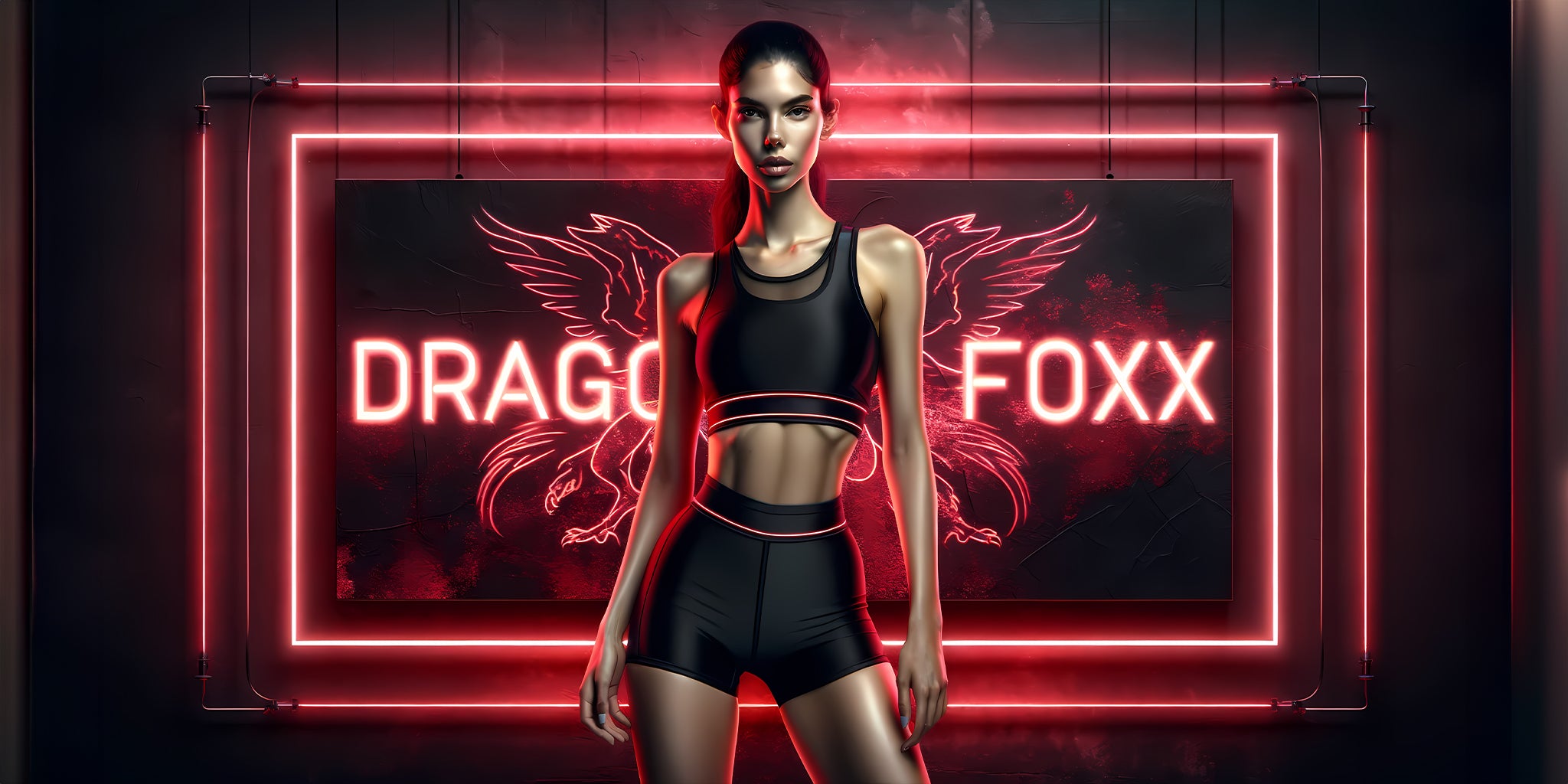 Dragon Foxx™ Women's Activewear Banner- Featuring a Hispanic woman wearing black spandex gym shorts and matching sports bra standing in front of a black grunge wall light up with red neon lights.
