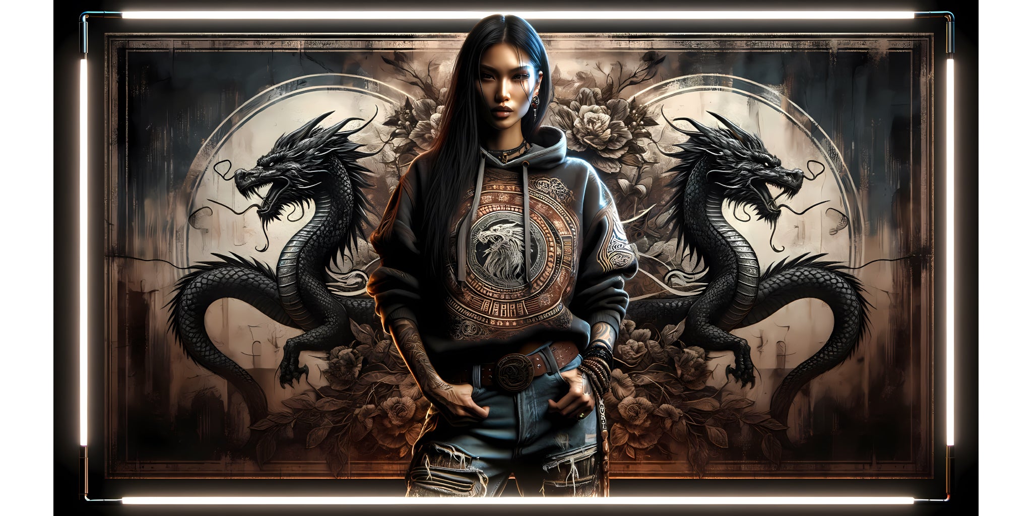 Dragon Foxx™ Women's Hoodie Banner - Showing a Native American woman wearing a Dragon Foxx™ Hoodie standing in front of a dragon mural