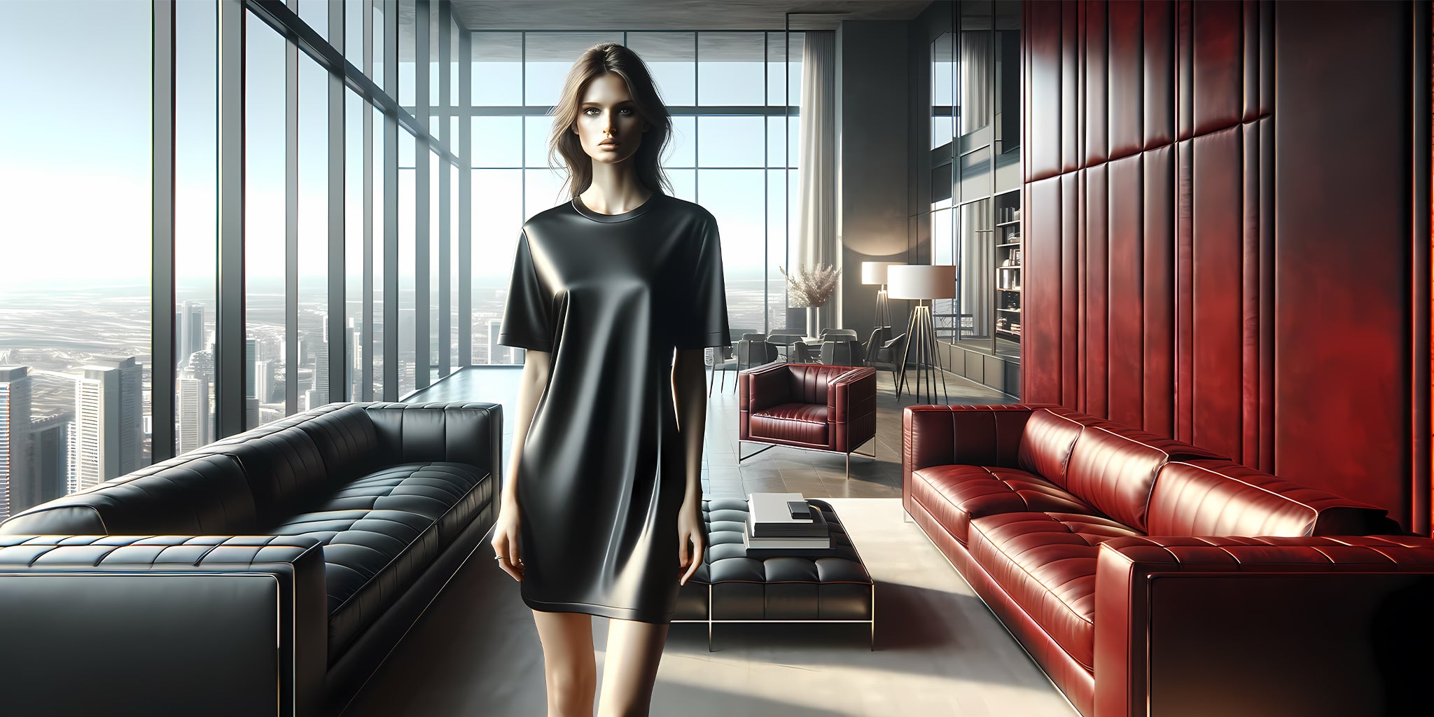 1-Dragon Foxx™ レディース T シャツ ドレス バナー - 高級ワンルーム アパートメントで当社の黒い T シャツ ドレスを着ている若い女性を特集