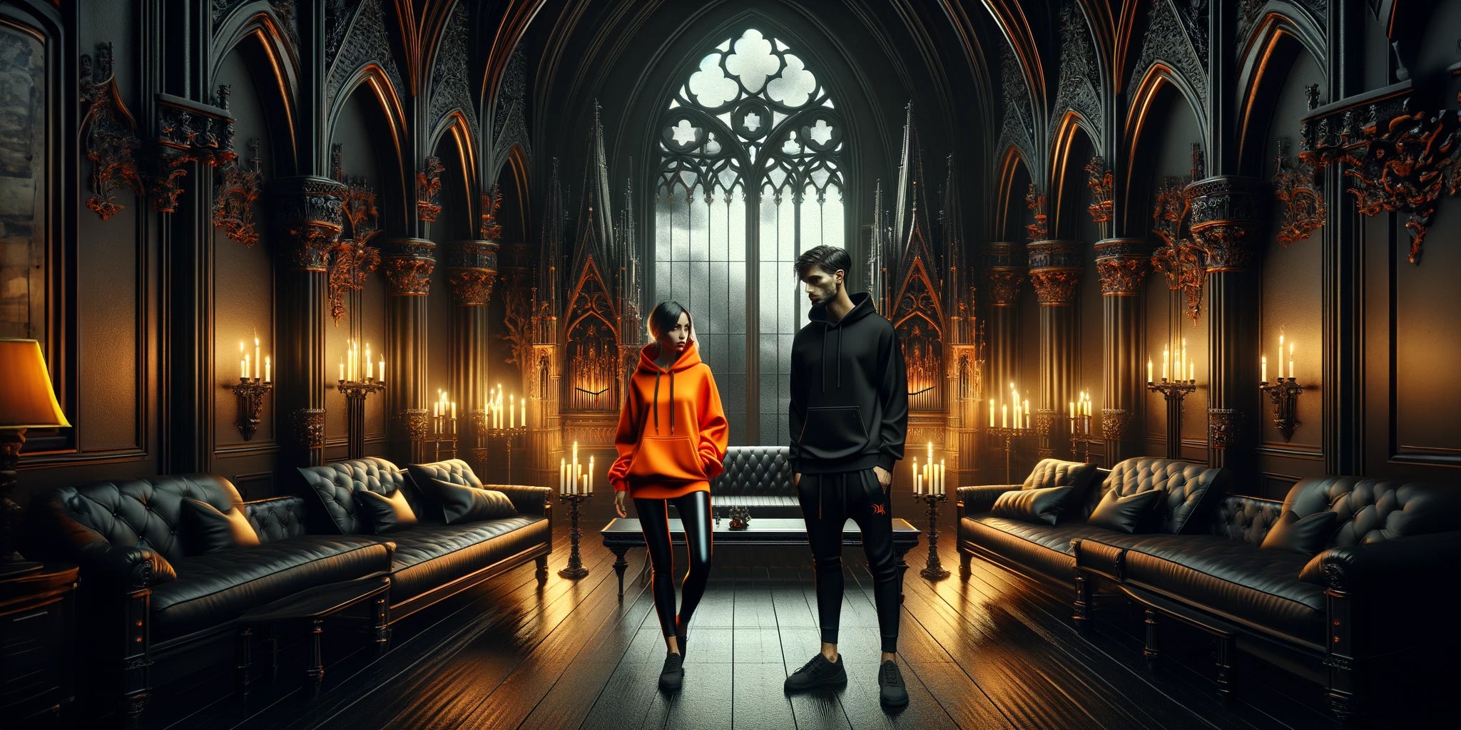 Dragon Foxx™ Blog post banner for - Why Basic Colors Should be a Staple in Your Wardrobe - Image of a women wearing an orange hoodie and black leggings and a man wearing a black hoodie and black sweatpants both are in a gothic style room overlooking a gothic city