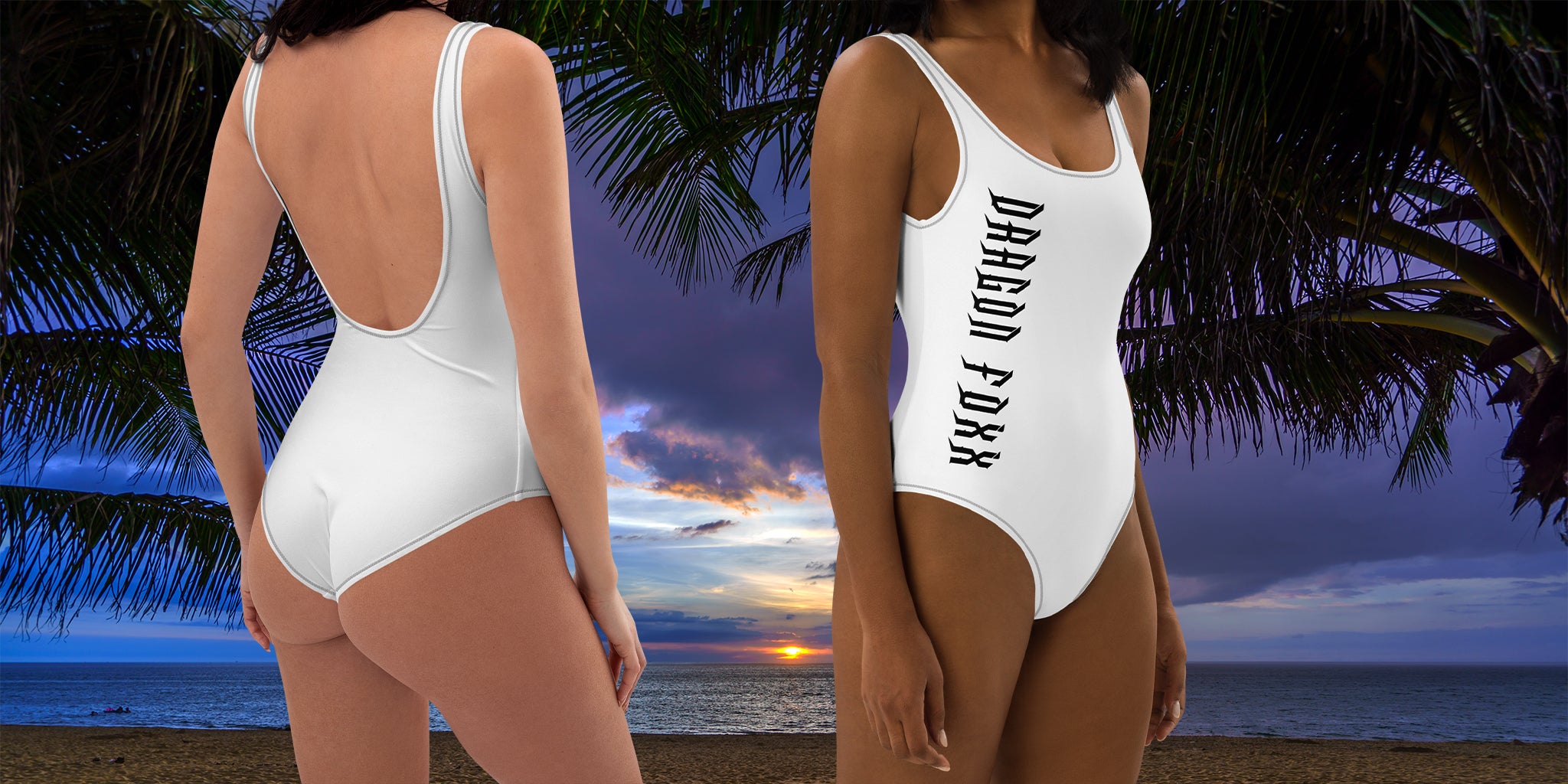 Dragon Foxx® White One-Piece Swimsuit with Black Stitching - showing two models wearing the swimsuits on a beach at sunset