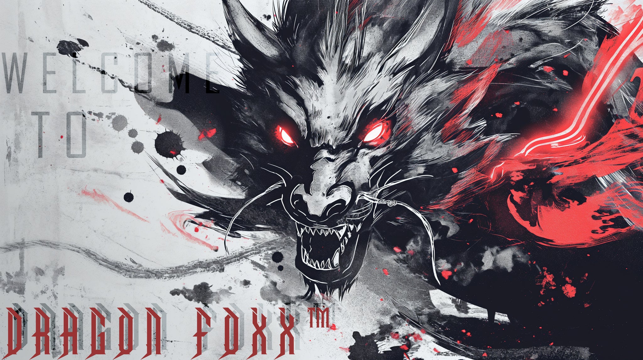 Welcome To Dragon Foxx™ Banner showing a grunge Black, Grey, White and Red Dragon Art Creation