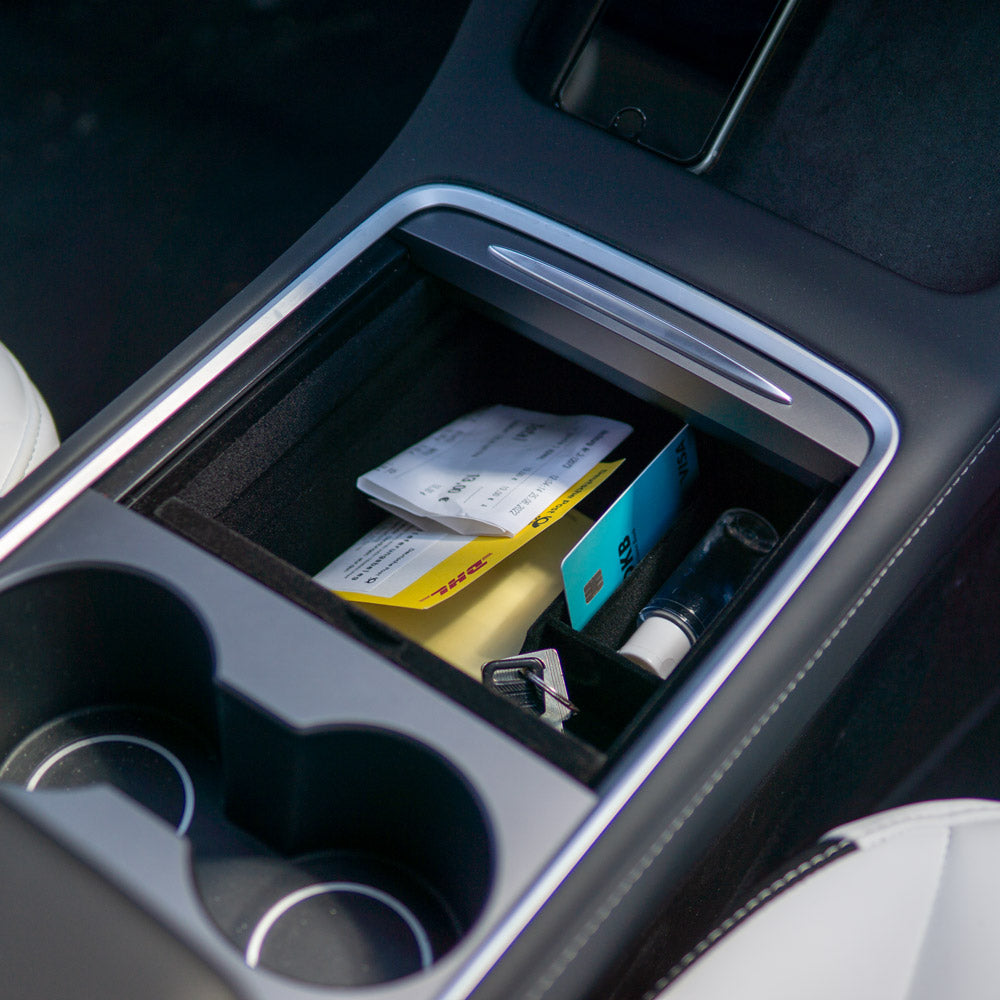 Ozvavzk Tesla Model 3 Y Auto Mittelkonsole Organizer Armlehnenbox Beflockte  Aufbewahrungsbox Armlehnenablage Zubehör Tesla Stauraum Zubehör für
