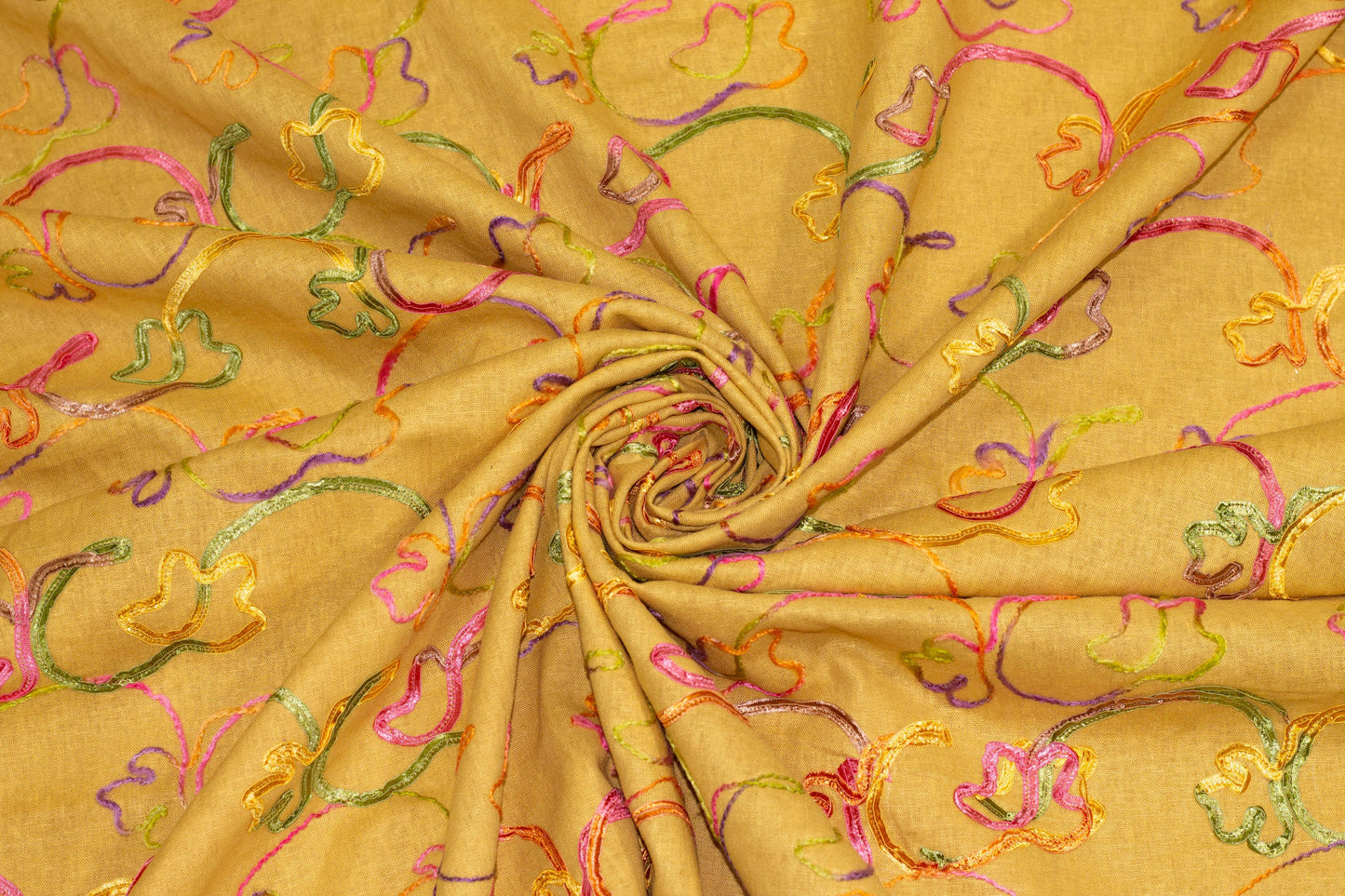 Yellow Brown and Multicolor Embroidered Linen