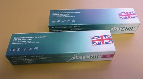 Ostenil and Ostenil Plus UK packaging with UK flag