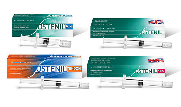 Ostenil Range pack shots (Ostenil, Ostenil Plus, Ostenil Mini, Ostenil Tendon)