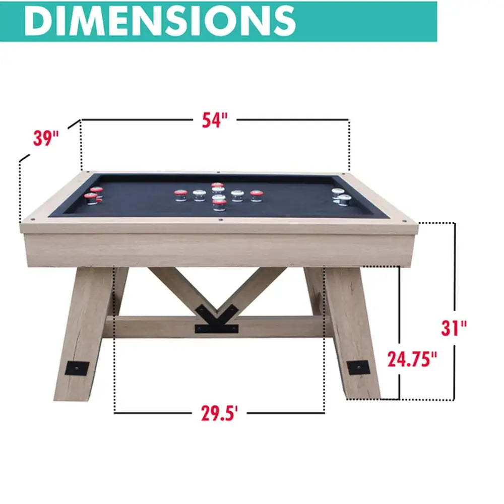 Freetime Fun Baddah Bing 54-inch bumper pool table in white oak finish with tapered legs and rustic styling