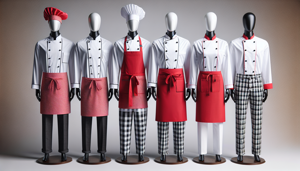Variety of food service uniforms including chef coats, chef jackets, aprons, and pants