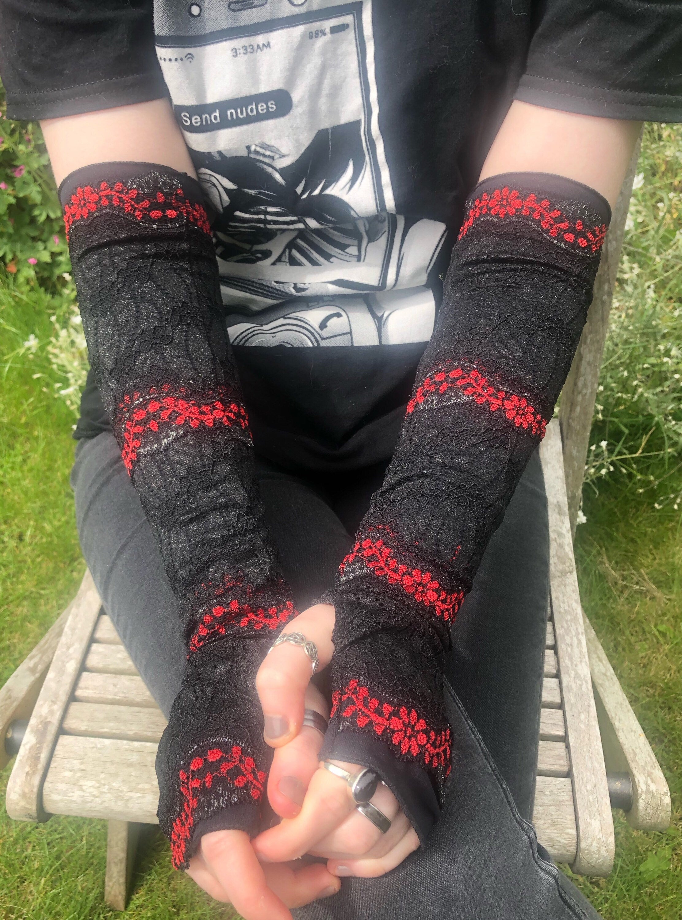 black and red lace gloves