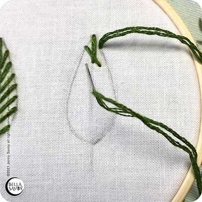 thread criss crossing over center and straight stitch on leaf template