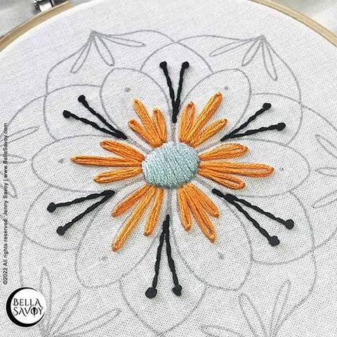 back stitches and french knot between 'petals'