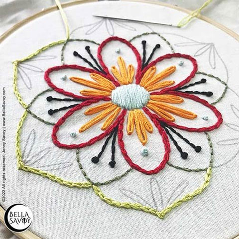 yellow green chain stitch outlining the mandala embroidery
