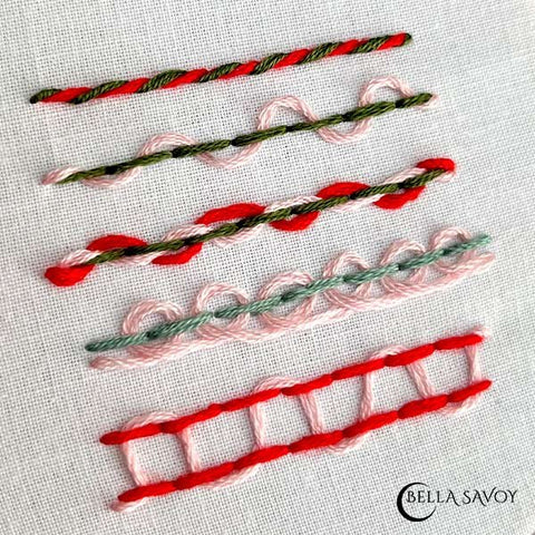 5 back stitch variations in red, green, and pink