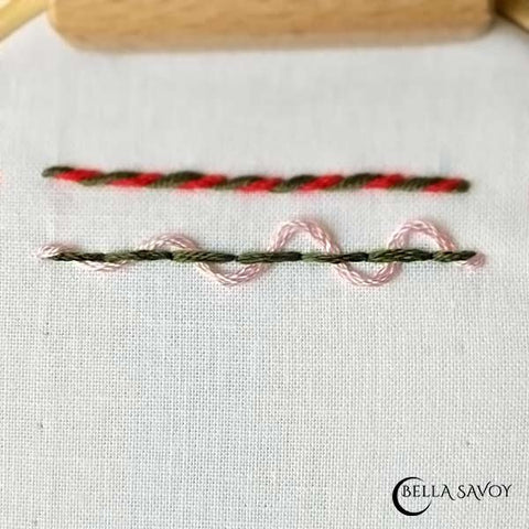 threaded back stitch in green and pink
