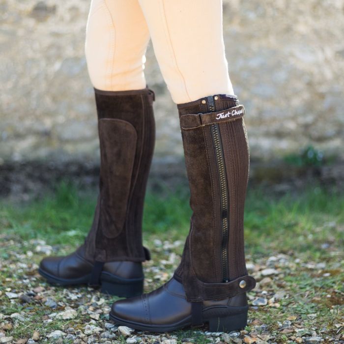Just chaps classic suede half chaps in brown, side view