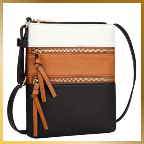Trendy Elegant Tri Color Multi pockets crossbody bag, two compartments in front with secure zipper, another large compartment access through the top with zipper and inside also additional pocket, the back either smooth or another compartment or pocket.  It is PU leather or polyester of your choice.