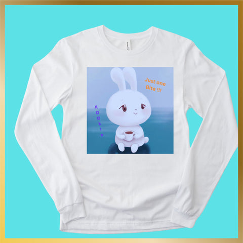 cute snow white bunny said Just one Bite long sleeve white while holding a mug of coffee
