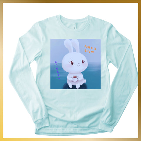 cute long sleeve shirt of snow white bunny said Just One Bite while holding a coffee mug