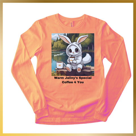 orange long sleeve shirt of cute snow white bunny drinking Jaliny coffee on a lake, offering warm coffee, #long-sleeve-shirt-of-anime-bunny, #long.sleeve.cotton.polyester.shirt,