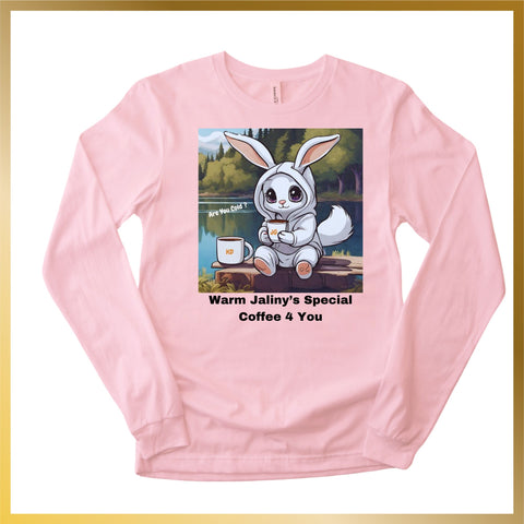 Pink long sleeve shirt of cute snow white bunny on a lake drinking Jaliny Coffee, #longsleeve-cotton-polyester-shirt, #cute-bunny-anime-drinking-jaliny-coffee-shirt,