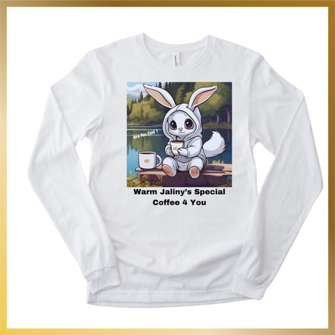 white long sleeve shirt of cute snow white bunny drinking Jaliny coffee on a lake, offering warm coffee, #long-sleeve-shirt-of-anime-bunny, #long.sleeve.cotton.polyester.shirt,