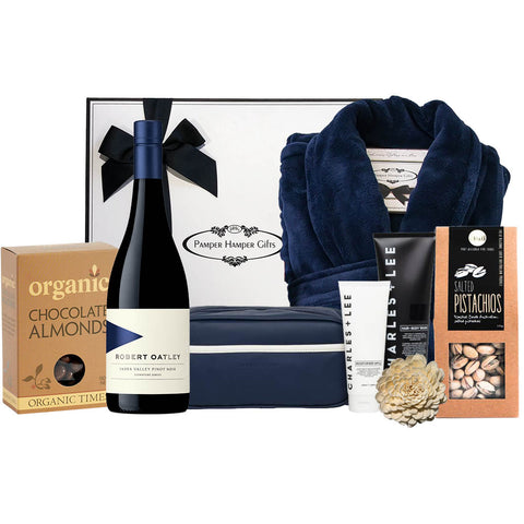 luxury robe with red wine, skin care products, bathrobe and nibbles for dad