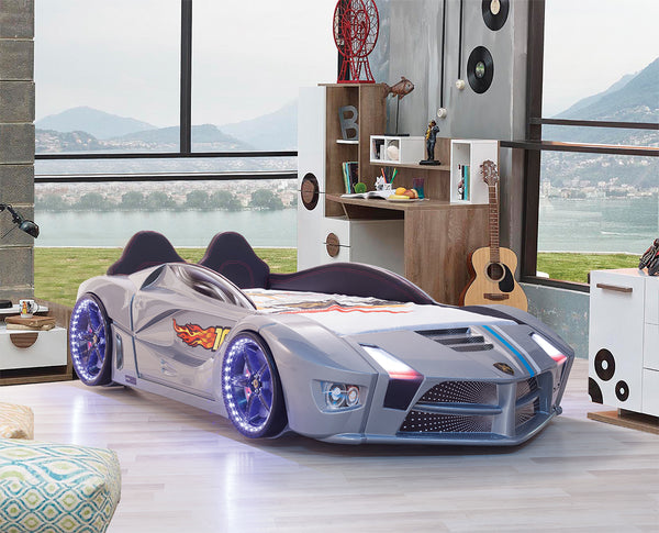 great room design with a race car bed