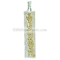 Yeshua HaMashiach, Jesus the Messiah in Hebrew, gold letters on silver pendant.