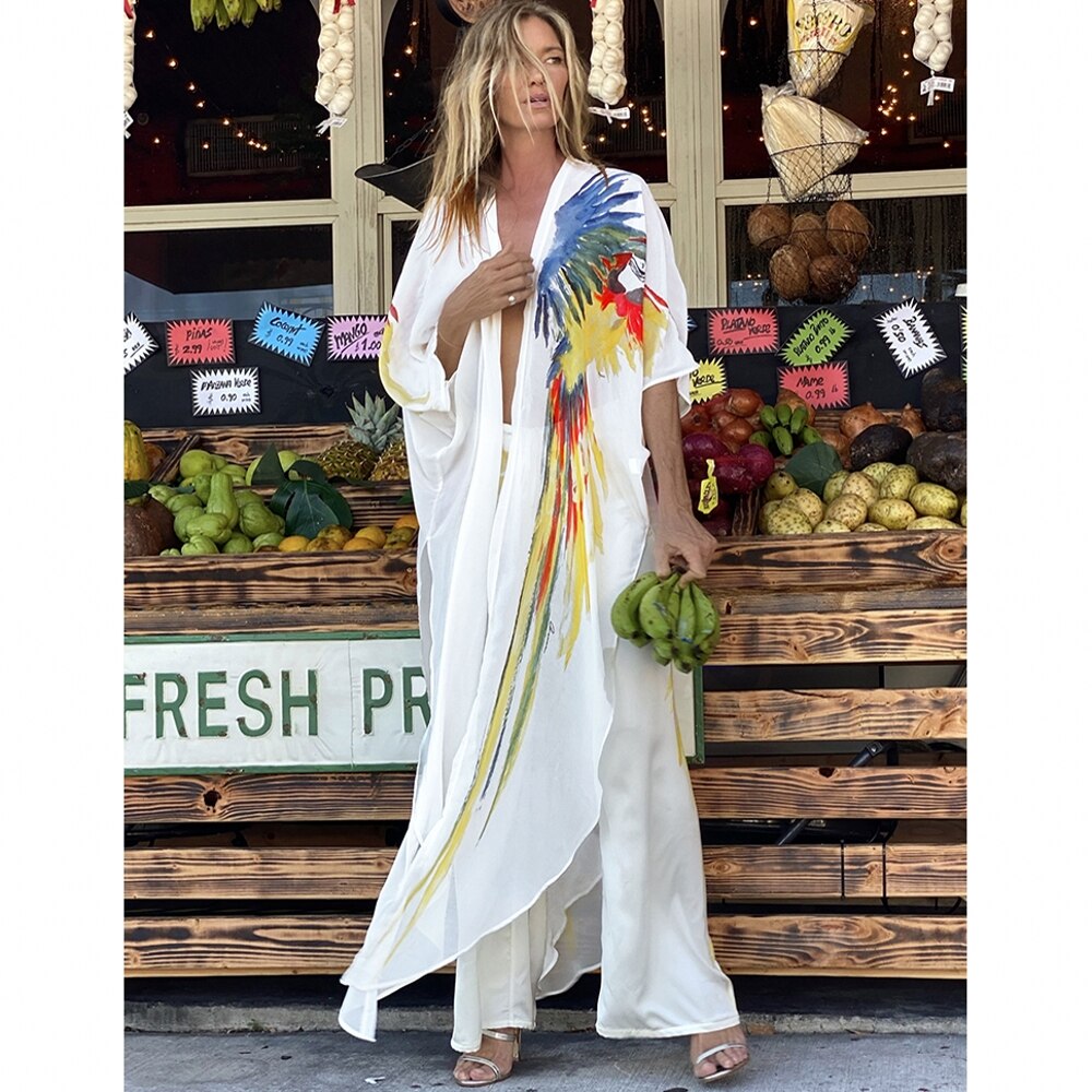 Chiffon Bohemian Dress Bikini Cover-Up Kaftan White Dress Plus Size Kimono Beachwear Print Tunic For Beach Swimsuit Cover Up