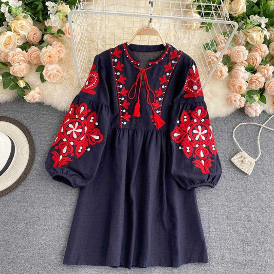 Bohemian Retro Folk Style Embroidery Women's Dress