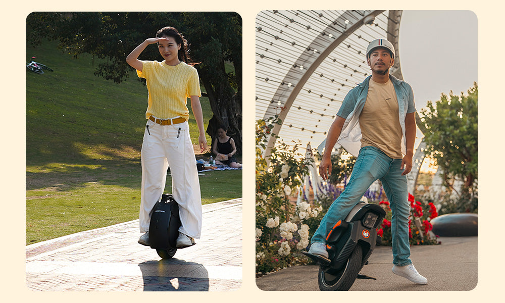 A split image shows two people riding electric unicycles outdoors.