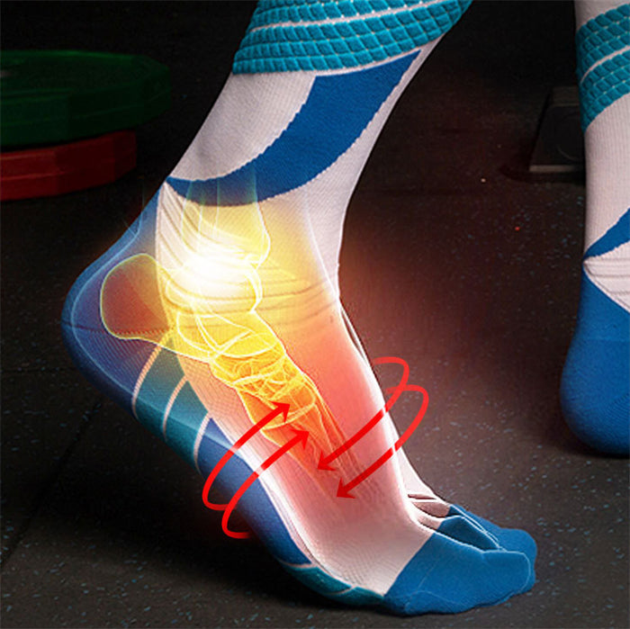 Graphic illustration of enhanced ankle support in blue and white compression socks, showing a highlighted area to indicate added protection.