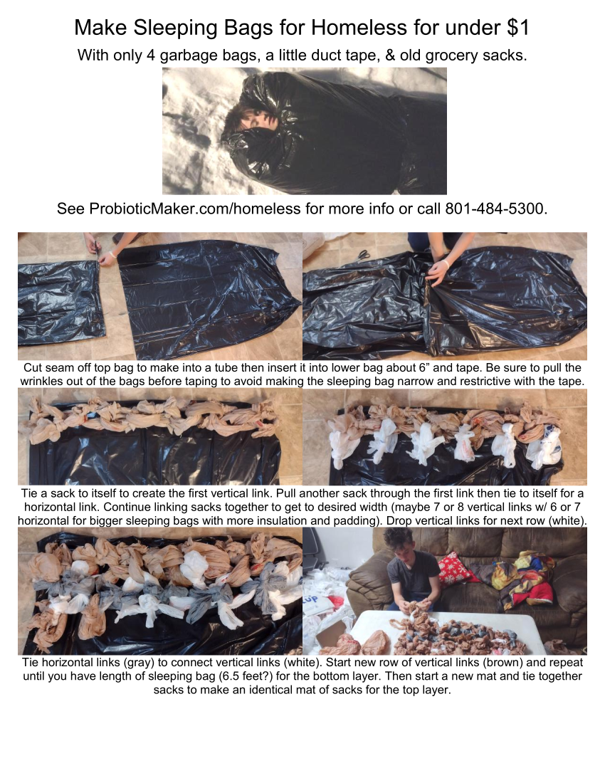 Instructions to make sleeping bag for the homeless from grocery sacks or bags