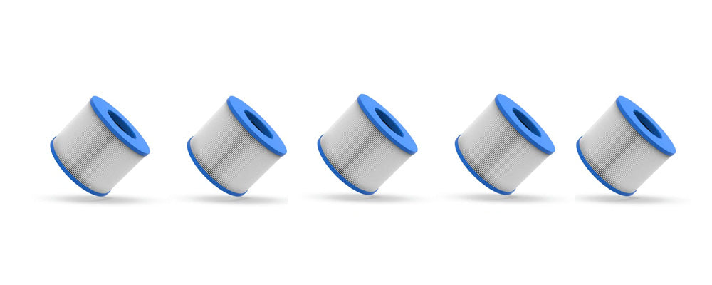 Five blue and white portable speakers in a diagonal line on a white background.